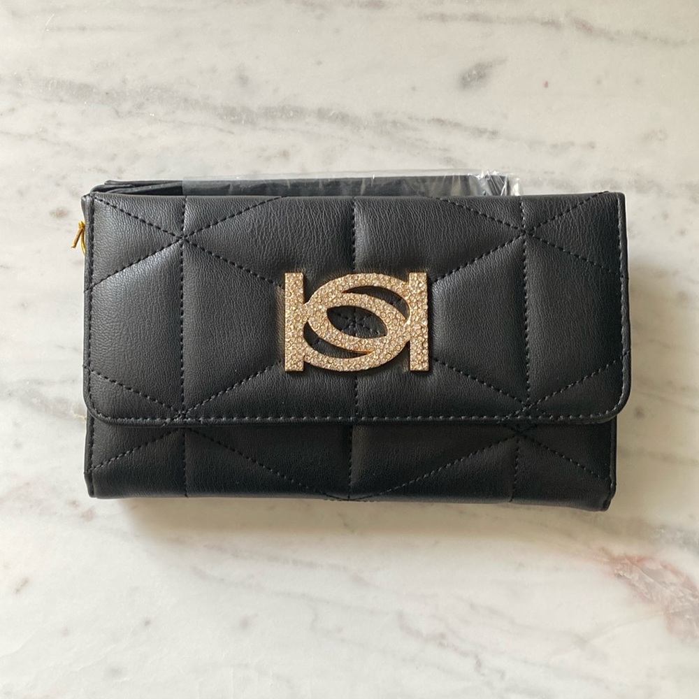 NWT Bebe Zaza Bling Quilted Trifold Wallet Black Gold Rhinestone Logo Organizer